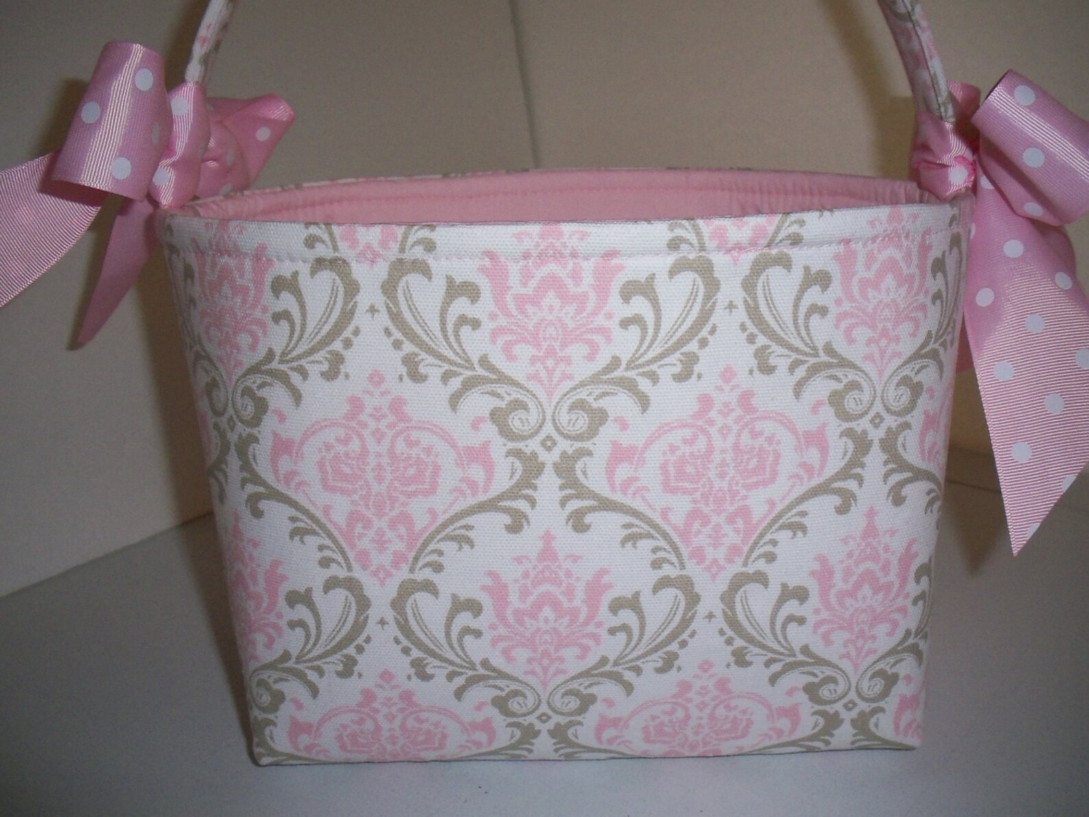 Pink Gray Taupe Damask Fabric Basket / Small Diaper Caddy / Etsy