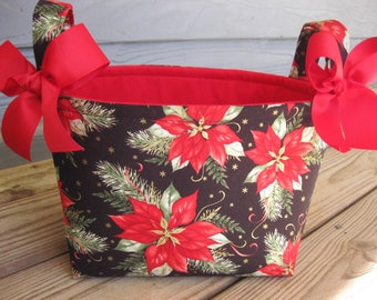 Christmas Holiday Storage Organization Container Bin Basket Gift Bag -Red Black Metallic Gold Christmas Poinsettia Fabric Red