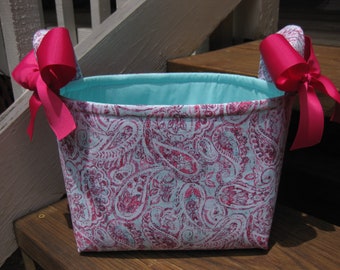 Ready to Ship! Pink Blue Paisley Organizer bin / Fabric Basket / Small Diaper Caddy / Gift Bag -Personalization Available