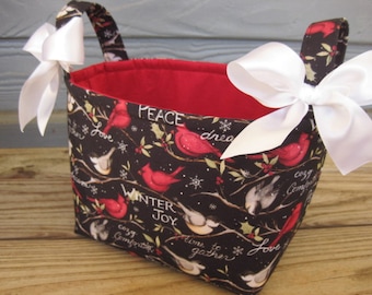 Christmas Holiday Storage Organization Container Bin Basket Gift Bag -Red Cardinal Black Gold  Fabric Peace Joy Love Dream
