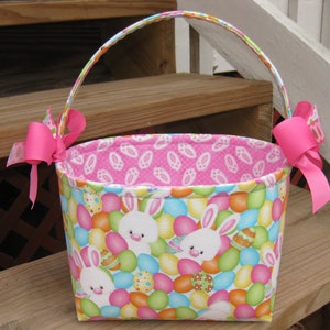 Cute Fuzzy White Bunnies, Bunny Feet Fabric Easter Basket, Embroidered - Personalization Available