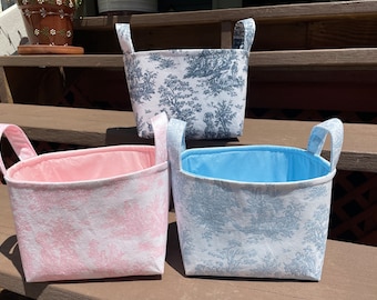 Navy Light Pink Light Blue Gray Burgundy Green Toile Fabric Basket Gift Bag Small Diaper Caddy- Personalization Available - 8" x 6" x 7"