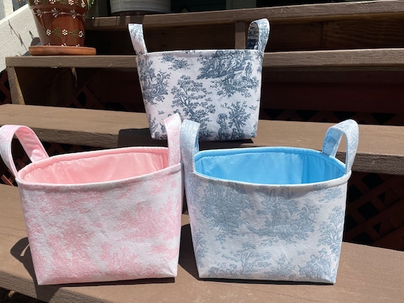 Navy Light Pink Light Blue Gray Burgundy Green Toile Fabric Basket Gift Bag Small Diaper Caddy- Personalization Available - 8" x 6" x 7"