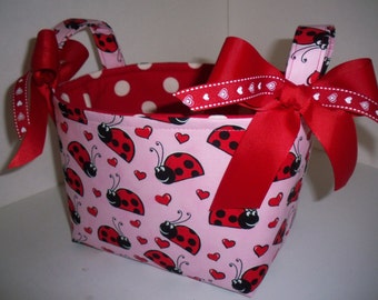 Ladybug Hearts Pink Red Polka Dots Organizer bin / Fabric Basket / Gift Bag - Personalization Available- 8" x 6" x 7"