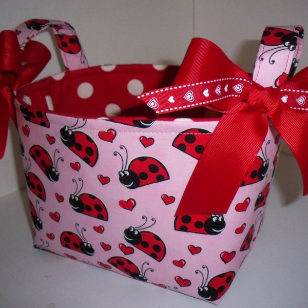 Ladybug Hearts Pink Red Polka Dots Organizer bin / Fabric Basket / Gift Bag - Personalization Available