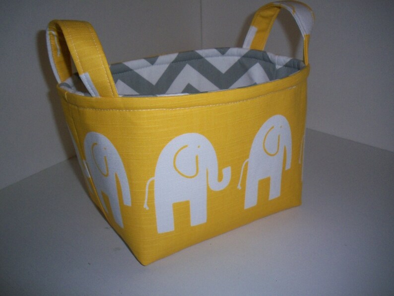 Small Diaper Caddy / Organizer Bin / Fabric Basket Yellow Grey Elephants Zig Zag Chevron Personalization Available image 4