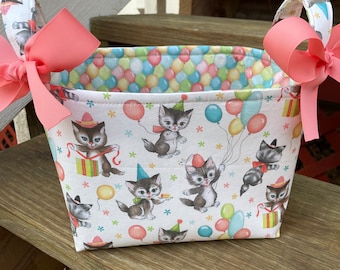 Birthday Kittens Balloons Fabric Basket Small Diaper Caddy -Personalization Available- 8" x 6" x 7"