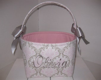 Pink Gray Taupe Damask / Polka Dot Fabric Easter Basket / Organizer / Diaper Caddy- Personalization Available- 8" x 6" x 7"