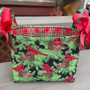 Christmas Red Cardinals Holly Gold Red Plaid Fabric Gift Basket - Organizer Bin- Gift Bag - Christmas Table Decor