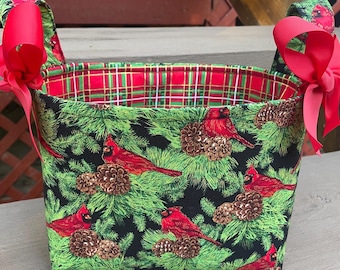 Christmas Red Cardinals Holly Gold Red Plaid Fabric Gift Basket - Organizer Bin- Gift Bag - Christmas Table Decor