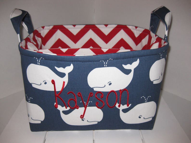 Large Diaper Caddy Organizer Bin Navy Blue White Whales Chevron Personalization Available