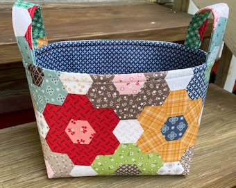 Patchwork Cheater Quilt Quilting Fabric Basket Organizer Bin Sewing Room- Personalization Available - 8" x 6" x 7"