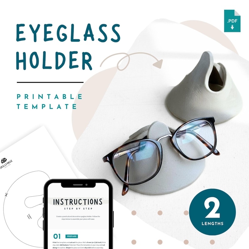 May include: A light gray concrete eyeglass holder with a pair of eyeglasses resting on it. The eyeglasses have a black and brown tortoiseshell frame. The image also includes the text "EYEGLASS HOLDER PRINTABLE TEMPLATE" and a smartphone with instructions.