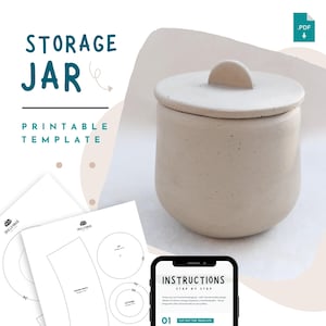 May include: A beige ceramic storage jar with a lid. The jar has a rounded shape and a small handle on the lid. The image also includes printable template instructions and the text "STORAGE JAR PRINTABLE TEMPLATE".