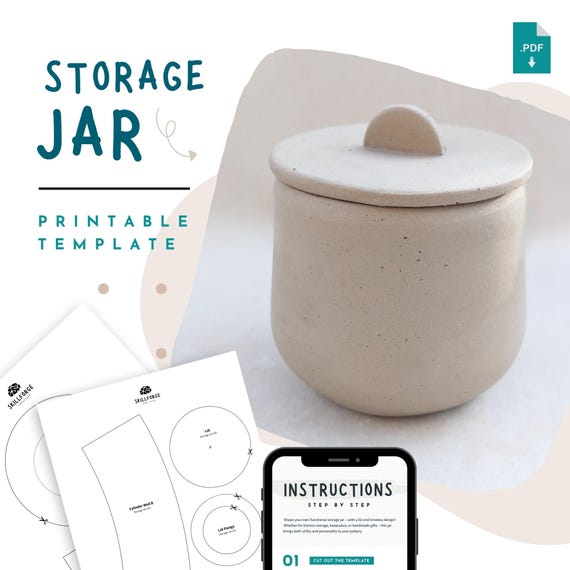 Storage Jar Pottery Template | Ceramic & Air-Dry Clay Slab Pottery Pattern for Beginners, Small Clay Jar with Lid, Printable PDF Download
