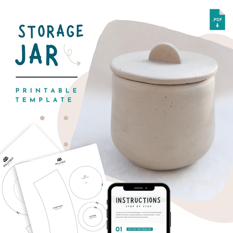 Storage jar pottery template | printable ceramic jar PDF for slab pottery | DIY clay container with lid and instructions