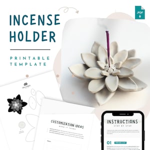 以下が含まれることがあります： 紫色の線香スティックが付いた、白い花の形をしたお香立て。画像には、カスタマイズのアイデアと指示が記載された印刷可能なテンプレートが含まれています。画像上のテキストは「INCENSE HOLDER PRINTABLE TEMPLATE」と表示されています。