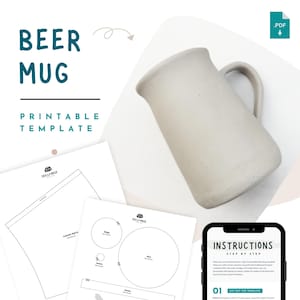 May include: A gray beer mug with a handle, next to printable templates and instructions. The text "BEER MUG PRINTABLE TEMPLATE" is at the top. A smartphone displays "INSTRUCTIONS STEP BY STEP".