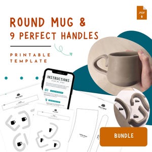 Round Mug Pottery Template with 9 Handles – Printable DIY Ceramic Cup plus Handle Set Pattern, Slab Pottery for Beginners, PDF Download
