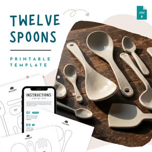 スプーン型陶器テンプレートセット – 12種類のデザイン、印刷可能な陶器パターンPDF、初心者向けDIYスラブ陶器手びねり、即時ダウンロード