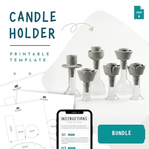 Puede incluir: Un paquete digital para una plantilla imprimible de portavelas con el texto CANDLE HOLDER, PRINTABLE TEMPLATE y BUNDLE. La imagen muestra cinco portavelas de arcilla gris unidos a cuellos de botellas de vidrio transparente y una pantalla de teléfono inteligente con instrucciones.