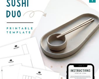 Sushi Duo Pottery Template for Hand Building | Japanese Style Ceramics Pattern | DIY Sushi Platter and Soy Sauce Bowl (Printable PDF)