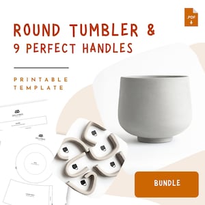 Runde Becher Keramik Vorlage mit Fußring + 9 Griffen Bundle - Druckbare Keramiktasse Muster PDF, DIY Slab Cup Keramik, Sofort Download