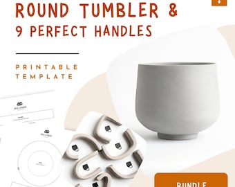 丸型タンブラー陶器テンプレート（高台付き）＋取っ手9個セット – 印刷可能なセラミックマグ型紙PDF、DIYスラブカップ陶器、即時ダウンロード
