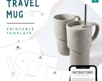 トラベルマグ陶器型紙 – 取っ手とストロー付き蓋を備えた大型セラミックタンブラー – 手作りカップ用スラブ陶器マグ型紙PDF - スタンレースタイル