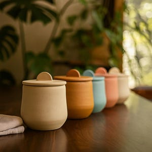 Handmade slab-built ceramic jar with matching lid in differnt colors | functional clay pottery project for your kitchen, bathroom, home office desk and more.