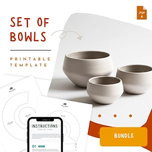 Juego de plantillas para cuencos de cerámica: patrón imprimible de plato de cerámica en 3 tamaños (PDF), construcción de cerámica en losa para principiantes, descarga instantánea