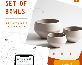 Schüssel Keramik Vorlage Set - 3 Größen druckbare Keramik Schale Muster PDF, DIY Plattenkeramik Handbau für Anfänger, Sofort Download