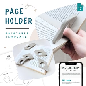 Puede incluir: Una colección de sujetapáginas grises de varias formas, incluyendo una nube y un rectángulo redondeado, se muestra con un libro. La imagen también muestra una mano usando un sujetapáginas. El texto en la imagen dice "Page Holder Printable Template."
