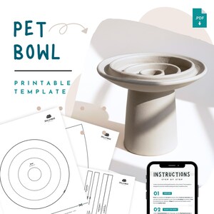 May include: A light grey pet bowl with a tiered design, on a pedestal base. The image also shows printable templates and instructions on a smartphone screen. Text on the image reads "PET BOWL PRINTABLE TEMPLATE".