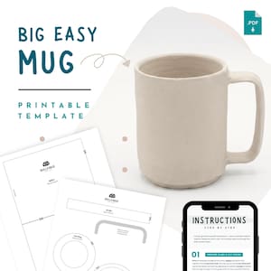 Stor enkel keramikmall för muggar – Handbyggningsmönster för stora plattor (utskrivbar PDF) | Handgjord keramisk kaffemugg på 473 ml, utan hjul