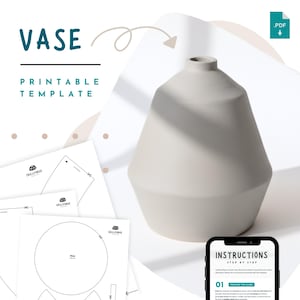 Pode incluir: Um vaso cinza claro com uma forma geométrica única. A palavra "VASE" é impressa em turquesa acima das palavras "PRINTABLE TEMPLATE". A imagem também inclui folhas de modelo imprimíveis e um smartphone exibindo instruções.
