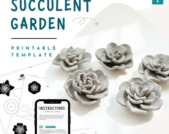 Succulent Ceramic Flower Pottery Template – 5 Printable Garden Decor Ceramic or Air Drying Clay Patterns PDF, DIY Slab Pottery, PDF Download