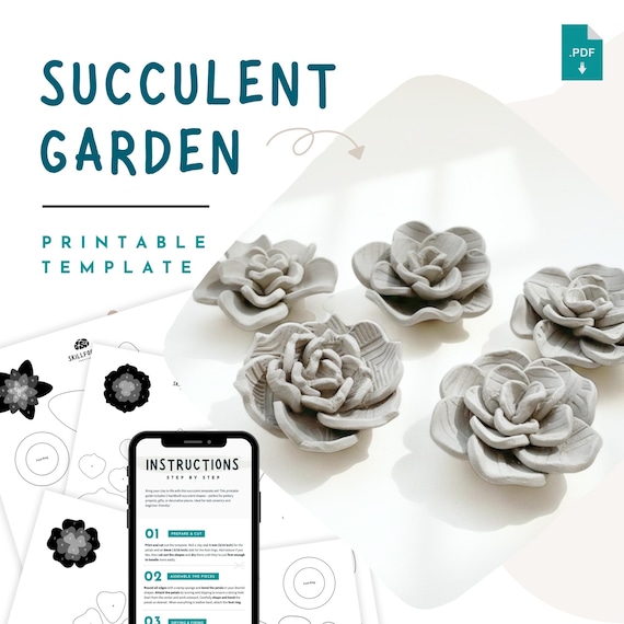 Succulent Ceramic Flower Pottery Template – 5 Printable Garden Decor Ceramic or Air Drying Clay Patterns PDF, DIY Slab Pottery, PDF Download