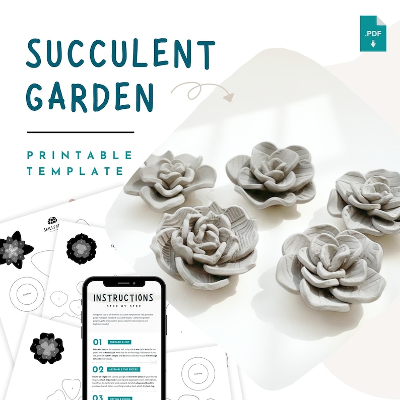 Succulent flower pottery template set for handmade clay flowers, showing printable ceramic template pages and finished clay flowers for succulent pottery and handmade ceramics, perfect for air dry clay and pottery templates.