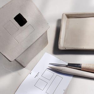 Cutting window into slab pottery house using printable template | detailed clay project for tealight holder | DIY ceramics