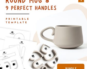 Round Mug Pottery Template with 9 Handles – Printable DIY Ceramic Cup plus Handle Set Pattern, Slab Pottery for Beginners, PDF Download