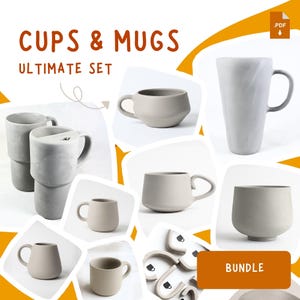Set di modelli per tazze e tazze più 9 manici - Modello di ceramica stampabile, ceramica fai da te per principianti, strumento per ceramica scaricabile in PDF
