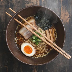 Modern ramen bowl with chopsticks and ingredients, crafted using ceramic template from SkillForgeCreations, set in cozy kitchen mood. Ideal for soup, salad, and noodle lovers. Tags: soup bowl, handmade pottery, slab pottery, wabi sabi, pottery templates.