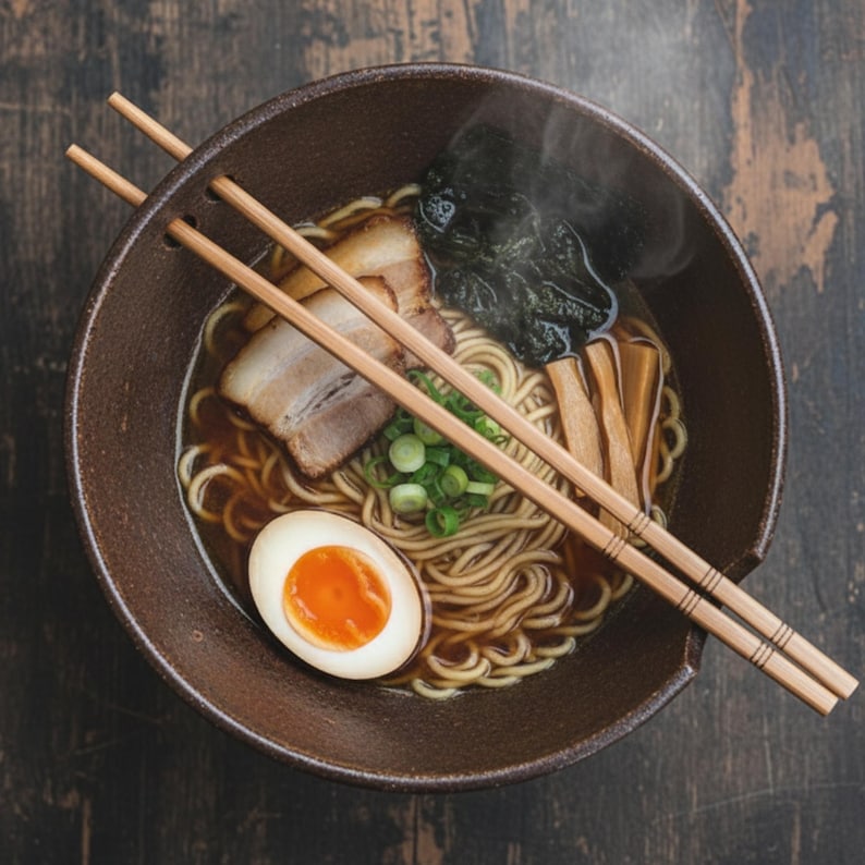 Modern ramen bowl with chopsticks and ingredients, crafted using ceramic template from SkillForgeCreations, set in cozy kitchen mood. Ideal for soup, salad, and noodle lovers. Tags: soup bowl, handmade pottery, slab pottery, wabi sabi, pottery templates.