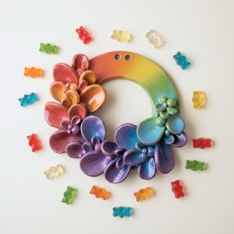 Colorful rainbow Christmas wreath made from air dry clay leaves and berries, showcasing playful crafts using the ceramic wreath template.