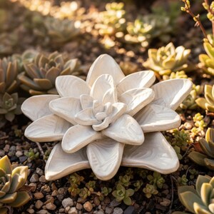 Finished ceramic succulent flower made with a clay template, used as low light plant–style garden decor in outdoor succulent pottery.