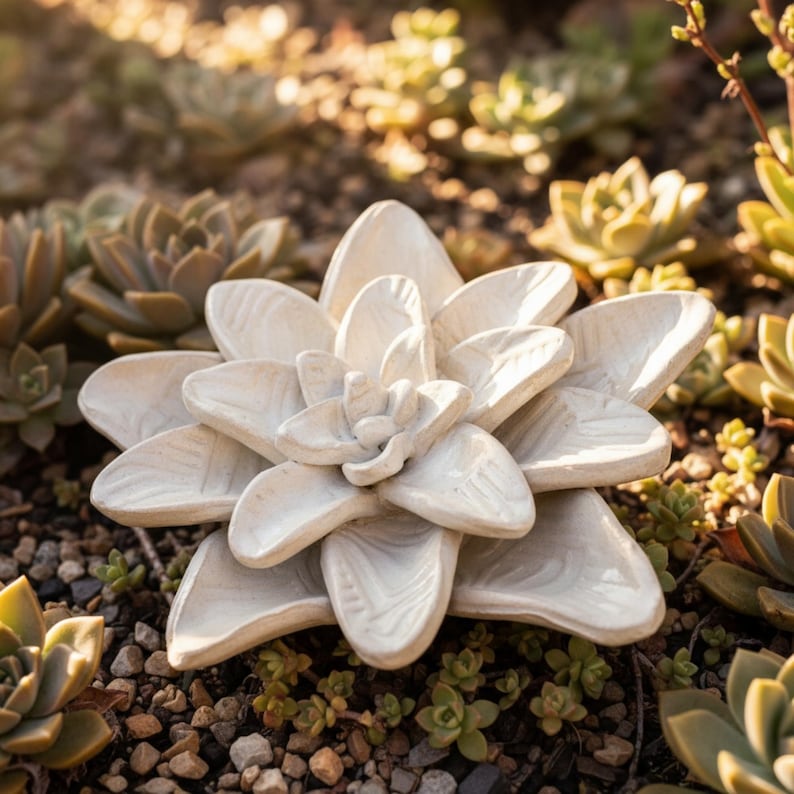 Finished ceramic succulent flower made with a clay template, used as low light plant–style garden decor in outdoor succulent pottery.