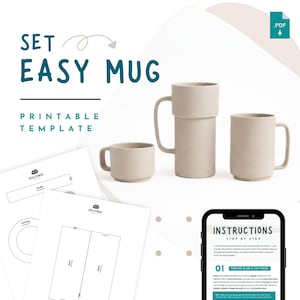 Könnte beinhalten: Eine druckbare Vorlage für ein Tassenset mit dem Text SET EASY MUG PRINTABLE TEMPLATE. Das Bild zeigt drei beigefarbene Keramiktassen in verschiedenen Höhen und Formen sowie ausgedruckte Papiervorlagen und ein Smartphone mit Anleitungen.