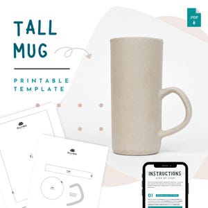 May include: A tall, cylindrical beige ceramic mug with a side handle, accompanied by printable template sheets labeled Skillforge and a smartphone screen displaying step-by-step instructions for creating the mug from clay slabs.