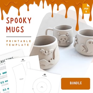 May include: A promotional image for a printable template for "Spooky Mugs." The image features three ceramic mugs with Halloween-themed designs: a bat, a skull and crossbones, and a ghost. Accompanying the mugs are printed templates and instructions.